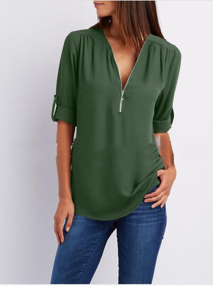 Large Size  Long Sleeve Loose V-neck Shirt