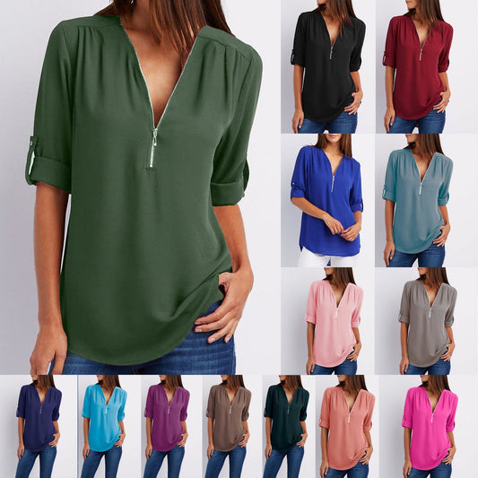 Large Size  Long Sleeve Loose V-neck Shirt